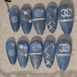 Designer-Inspired Blue Glitter Press-On Nail Set